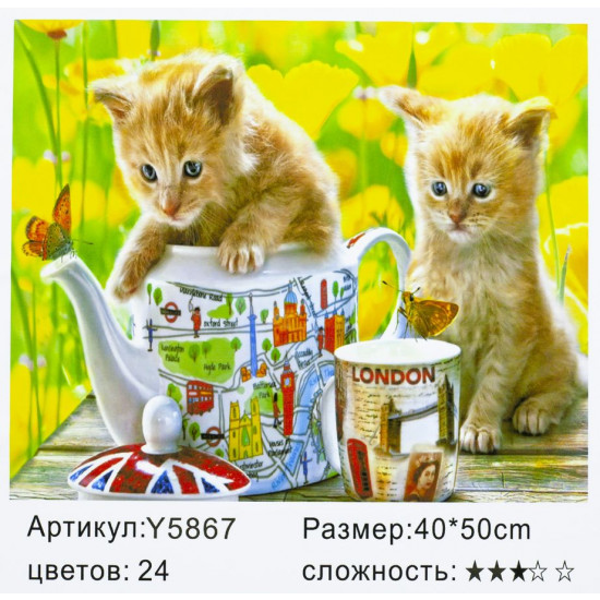 Холст-розмальовка під номерами 40*50см з набором фарб і пензликами 2 шт, з рамкою,  "Кошенята і чайникі" (5867)