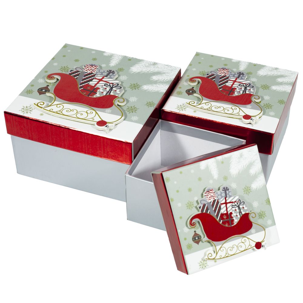 Новорічна подарункова коробка з 3D аплікацією та фольгуванням , L: 13*13*8 cm M: 11*11*7 cm  S: 9*9*6 cm,   набір - 3шт (80612)