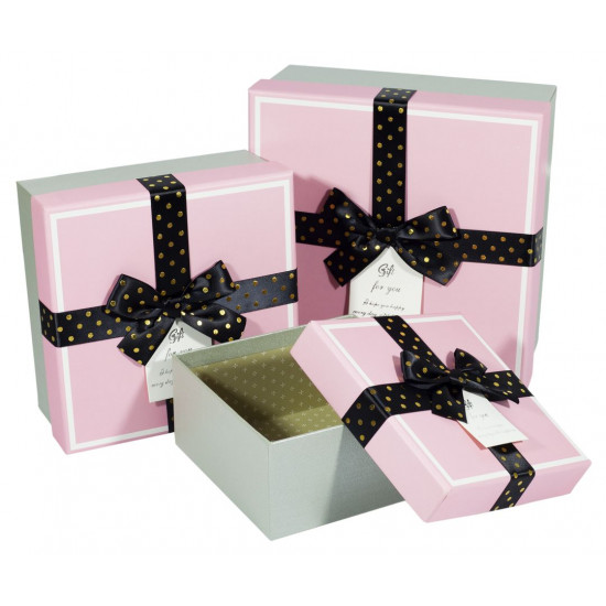 Подарункова коробка JKZ-69, квадратна  рожева з сірим, 21х21х10cm/17х17х9/14х14х7cm   3шт. в наборі (JKZ-69)