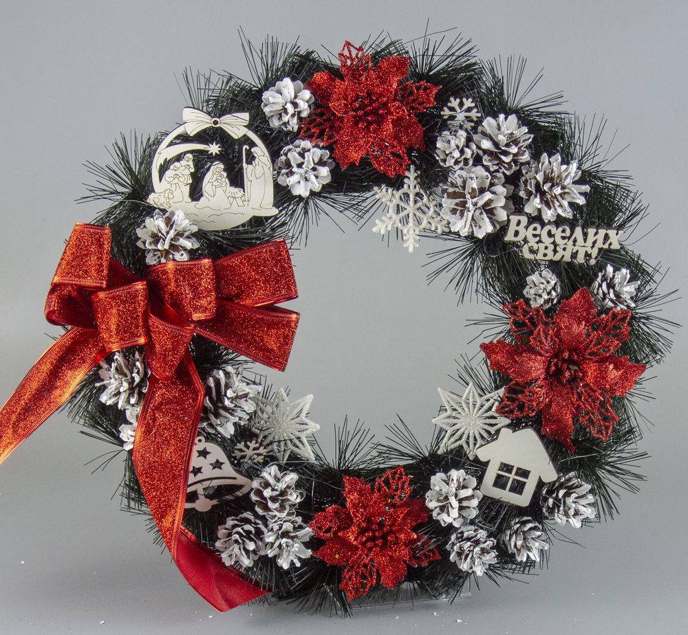 Вінок різдвяний зелений 40 см Червоний Unison (C00013)