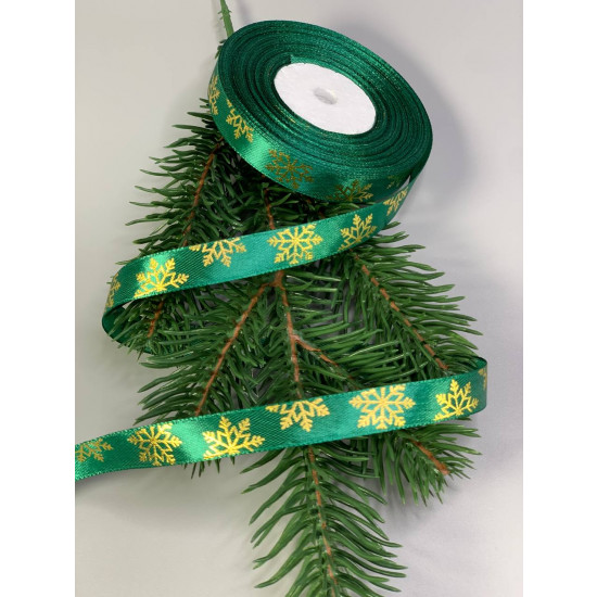 Стрічка атласна новорічна Сніжинки 12мм х 22м Зелений Unison (D13512 green)