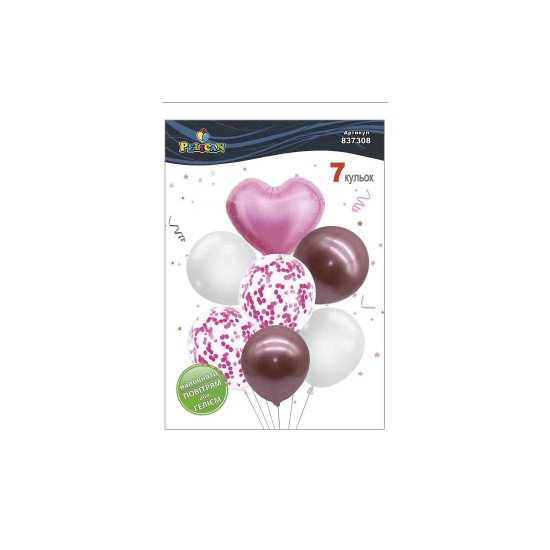 Набор из 7 шариков "Сердце, бело-розовый микс с хромом" Pelican (837308)