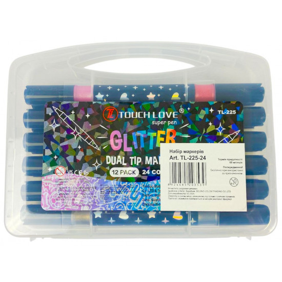 Набір маркерів-пензликів двосторонніх з глітером, 12шт (24 кольора), в пластиковому футлярі (TL-225-24)