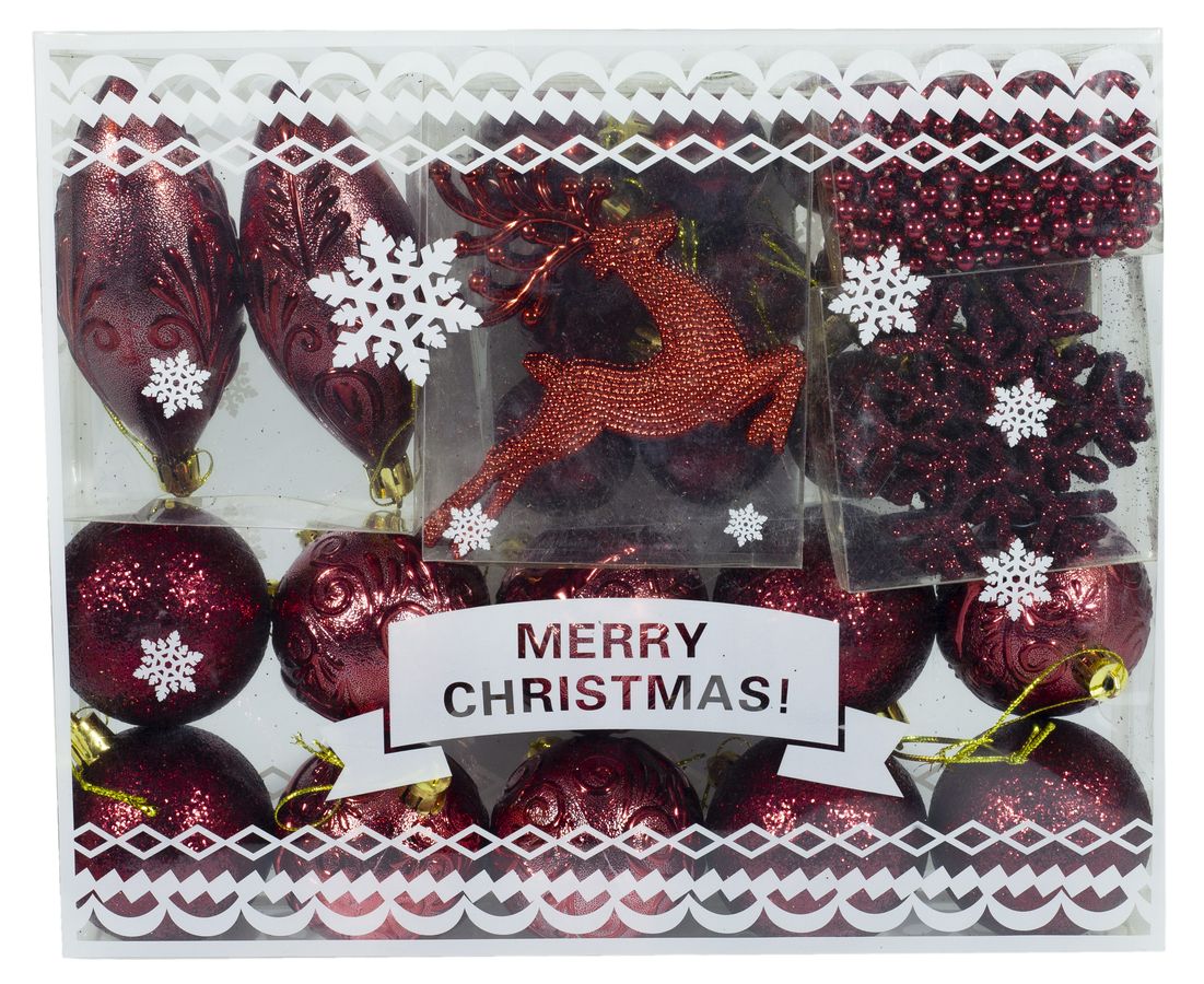 Набор шаров "Present" 33шт, фигурки, бусы, в коробке с ручкой Красный Unison (03LE)