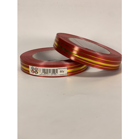 Стрічка пластикова 2см, 50 ярд,   червона   3 золоті  смужки (PAS20 - red)