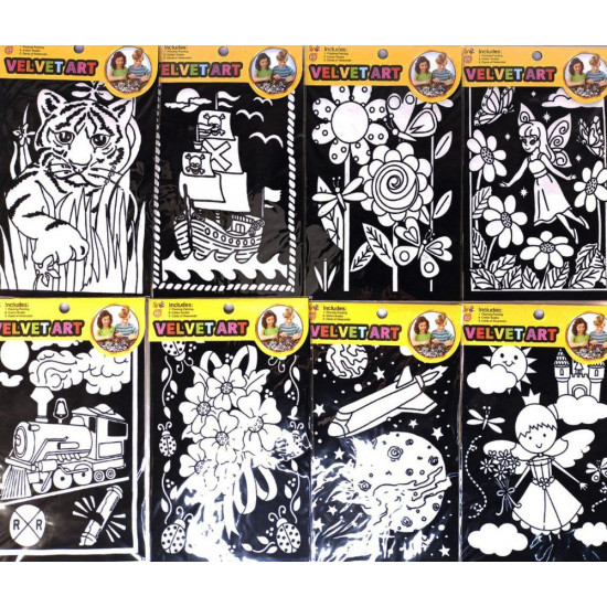 Бархатная раскраска + краски 12 цветов, 16х23см, 8 дизайнов (90182)