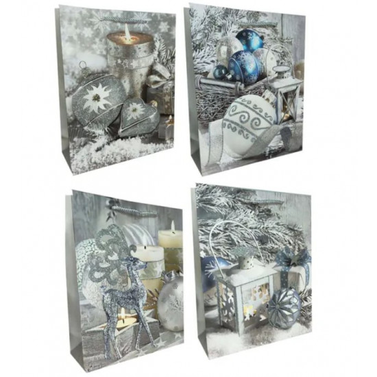 Пакет новорічний з глітером "Новорічний настрій"  , 30х41,5х12см,, 210гр Срібний Unison (QZHZD-950A-2)