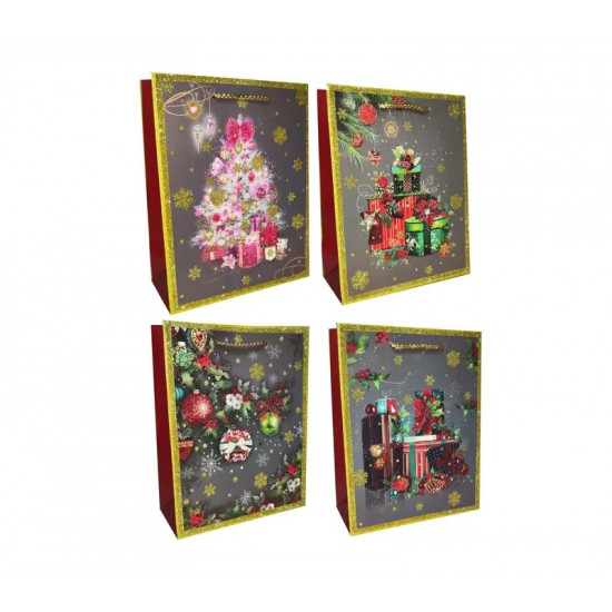 Пакет подарунковий новорічний з глітером 200г, 31 х 42 х 12см, 4 дизайна Різнокольоровий Unison (YM-S-1757-L-3)