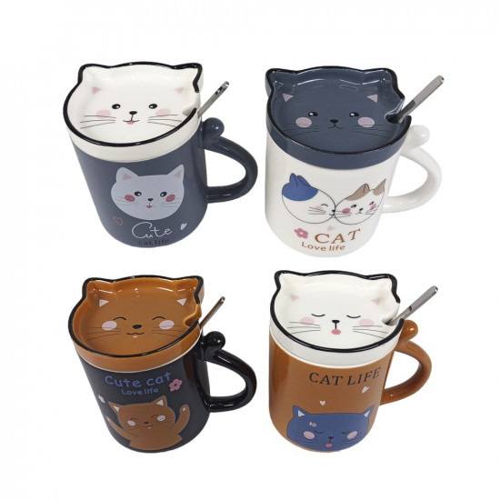 Чашка керамическая 380мл "Котик" крышка+ложка, 4 вида Разноцветный Unison (1126)