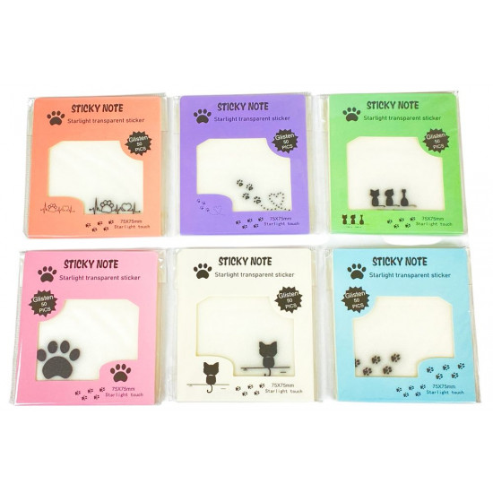 Бумага для заметок пластиковая полупрозрачная с клейким слоем "Лапки котика" 75 х 75мм 50 листов (9188-8899)