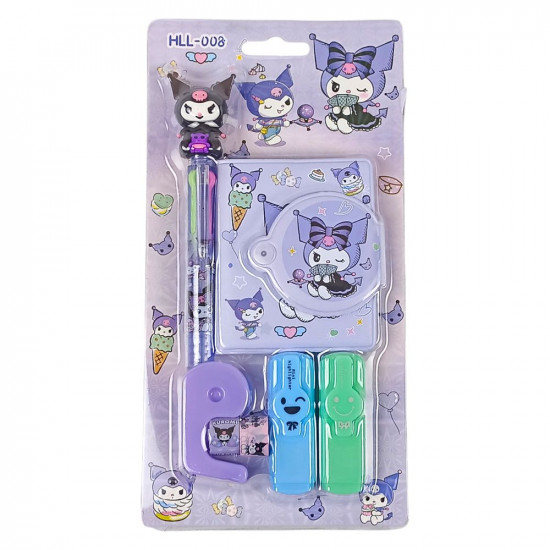 Набор блокнот 8 х 7см 65 листов, ручка, маркер 2шт, скотч 2шт, диспенсер "Зайка Kuromi" 2 в иди (008-KU)