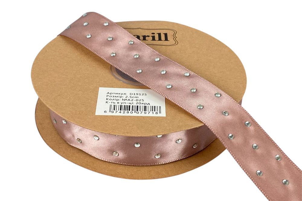 Атласна стрічка 2,5см х 18м зі стразами пудра (D19125-A2-025)