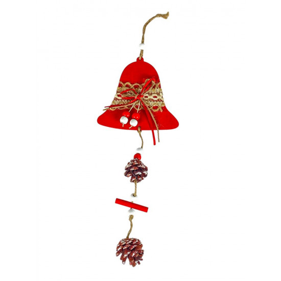 Деревʼяна підвіска дзвіночок червоний з шишками 12 х 12 см (L00410.4)
