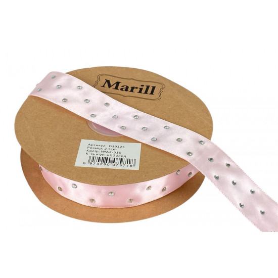 Атласна стрічка 2,5см х 18м зі стразами блідо-рожева (D19125-A2-010)