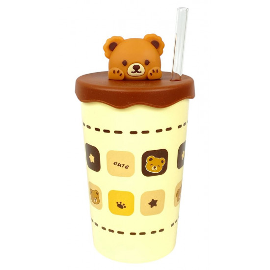 Стакан керамический 450мл с силиконовой крышкой и трубочкой "Медведь" (513)