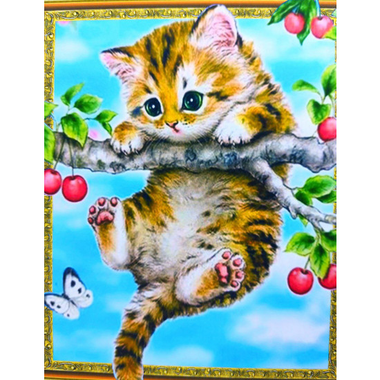 Алмазна мозаїка  5D за номерами 40*50см  "Кошеня на гілці" карт уп. (Полотно на рамі камені) (30761)