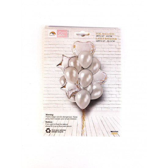 Набір з 16 кульок - 4 фольгованих "18" 45 см та 12 латексних "12" 30,5 см, Срібло Срібний Pelican (K-521 silver)