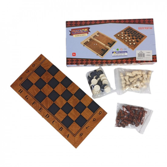 Набір ігор -3 в 1-"Шахи,шашки,нарди" дерев'яні, у кольоровій коробці 34 х 16,8см (3830)