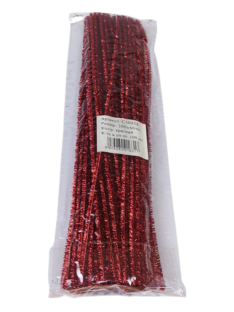 Синельний дріт з блискітками, 300 х 6мм, червоний, 100 шт (C30058 red)