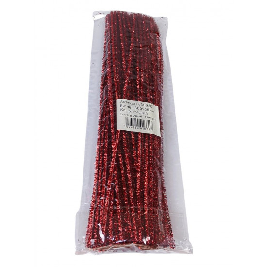 Синельний дріт з блискітками, 300 х 6мм, червоний, 100 шт (C30058 red)