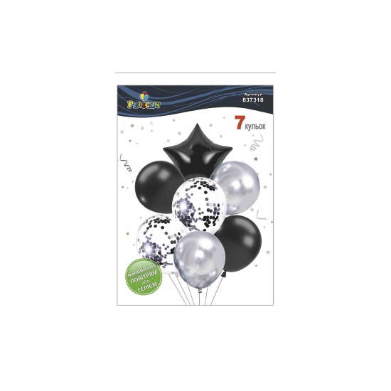 Набір з 7 кульок "Зірка, чорно- срібний мікс з хромом" Pelican (837318)