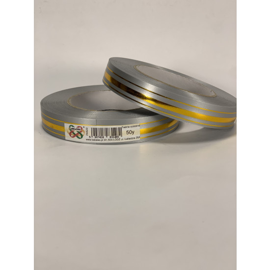 Стрічка пластикова 2см, 50 ярд,  срібна 3 золоті  смужки, BELATEX Срібний Unison (PAS20 -silver gold)