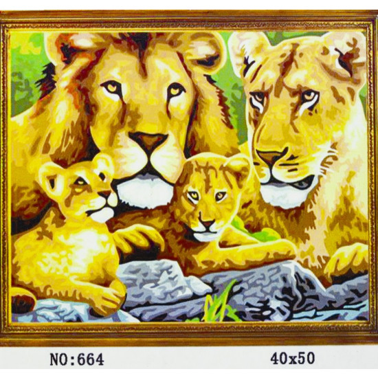 Холст-розмальовка під номерами "Сім'я левів" 40х50см, з набором форб і пензликами 2шт, з рамкою. (664)