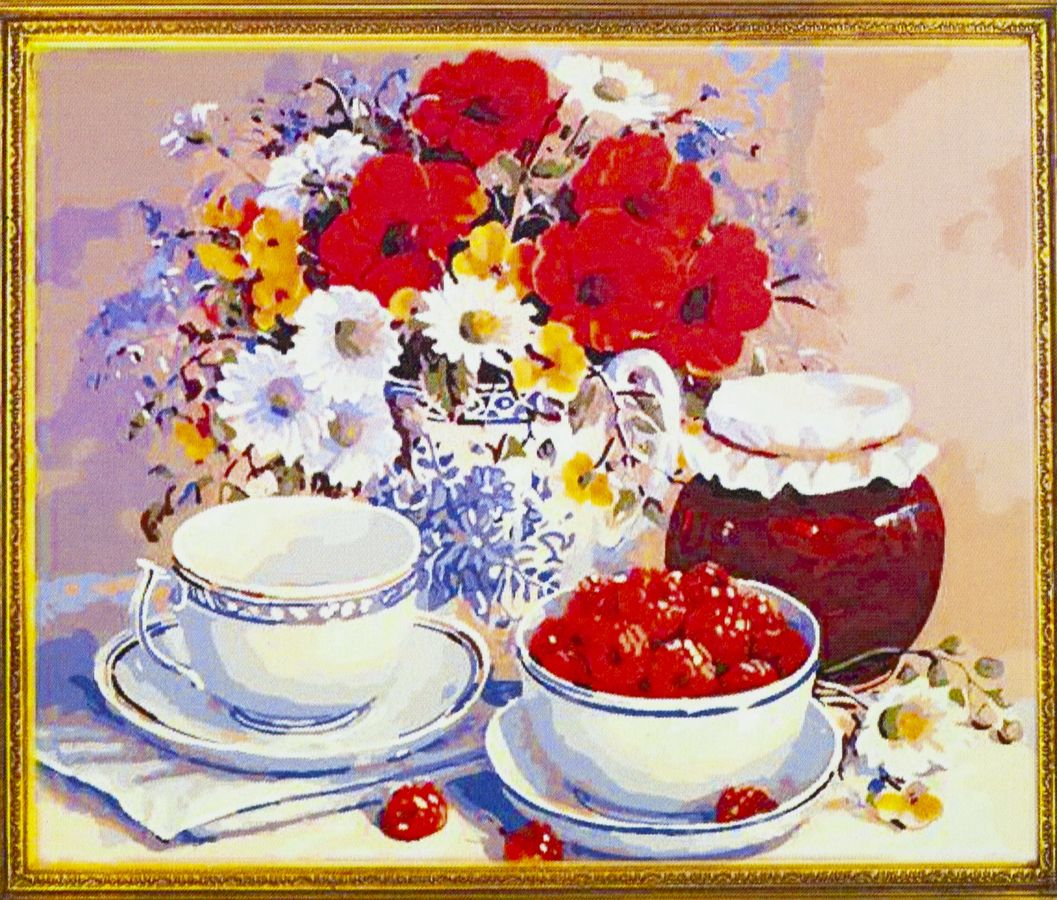 Холст-розмальовка під номерами "Чаювання" 40х50см, з набором форб і пензликами 2шт, з рамкою. (986)