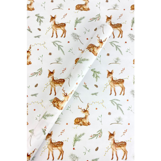 Крафт-папір подарунковий новорічний , "Олені на білому" , 0,68х8м (Пт-І-233)