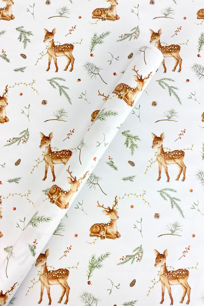 Крафт-папір подарунковий новорічний , "Олені на білому" , 0,68х8м (Пт-І-233)
