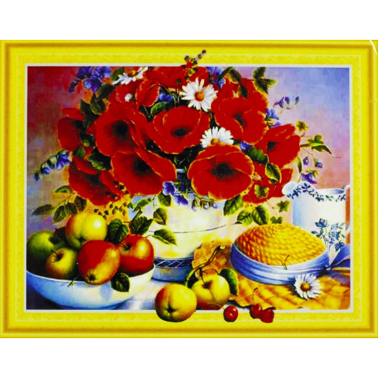 Алмазна мозаїка  3D за номерами 40*50см "Букет квітів і фруктів" карт уп. (Полотно на рамі камені) (016)