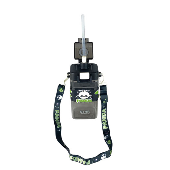 Пляшка для води 650мл з трубочкою, на мотузці Панда (95508)