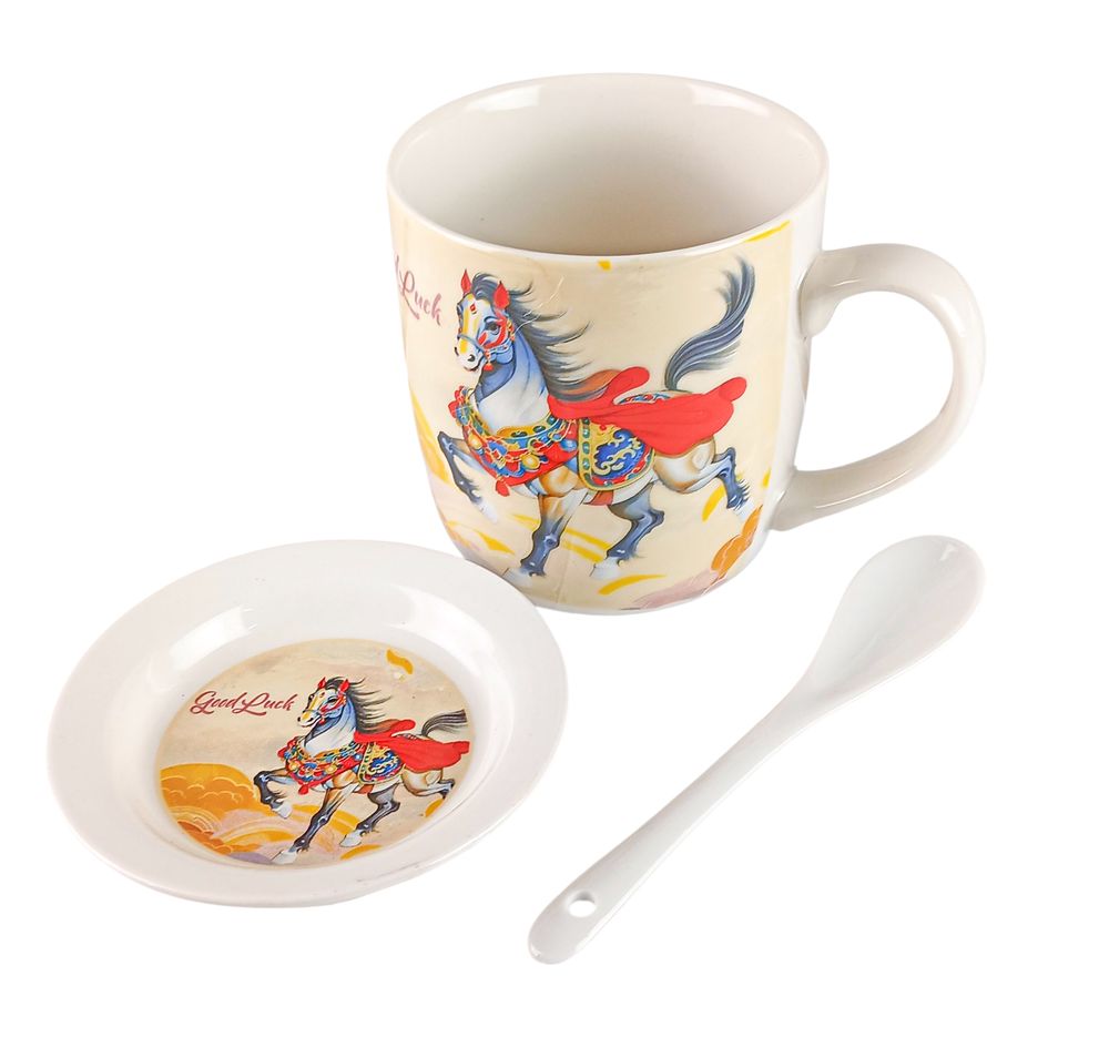 Чашка керамічна 350мл "Красивий Кінь" із блюдцем, ложкою, у подарунковій упаковці (НК-2354)