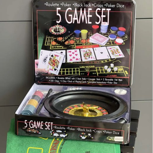 Игра настольная 5 в 1 "Рулетка, Крепс, Покер, Блэк-Джек, Poker Dice" в металлической коробке Unison (23869-5)