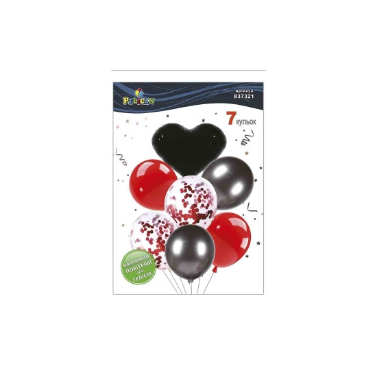 Набор из 7 шариков "Сердце, красно-черный микс с хромом" Pelican (837321)