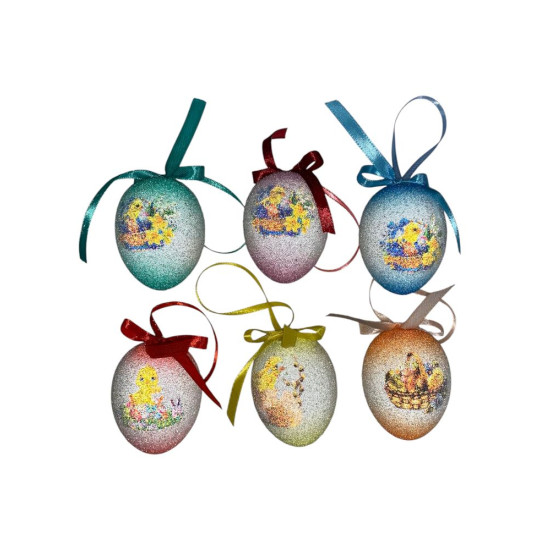 Набор пасхальных яиц 6 х 4,5см "Сахарные" с рисунком  - 6шт с лентой (L00149)