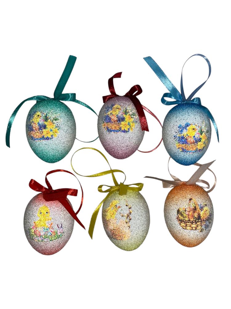 Набор пасхальных яиц 6 х 4,5см "Сахарные" с рисунком  - 6шт с лентой (L00149)