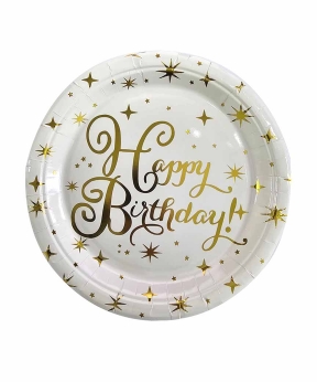 Тарелки бумажные TM Pelican 23cm "Happy Birthday белые с золотыми звездочками" - 10шт (871725)