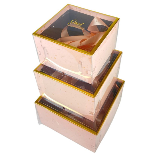 Коробка подарункова  квадратна з прозорою кришкоюта стрічками, набір-3 шт (P3-003L)