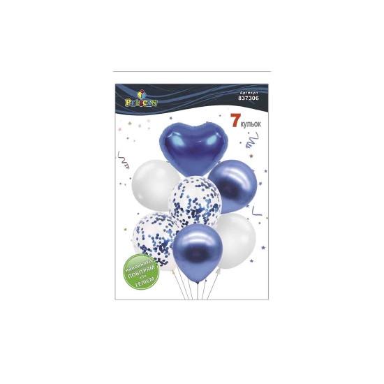 Набор из 7 шариков "Сердце, бело-синий микс с хромом" Pelican (837306)