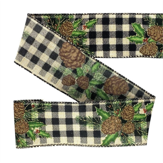 Лента с мішковини  новогодняя с шишками 63мм , 10 ярд (D30247-23)