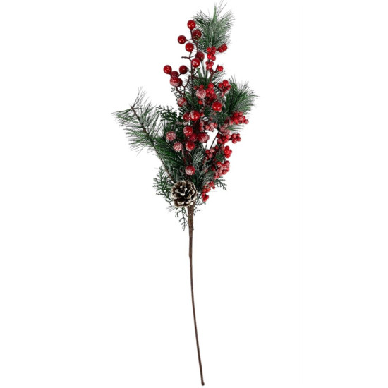 Новорічна гілка 60см, зелена  з шишками та червоними ягідками (с30598)