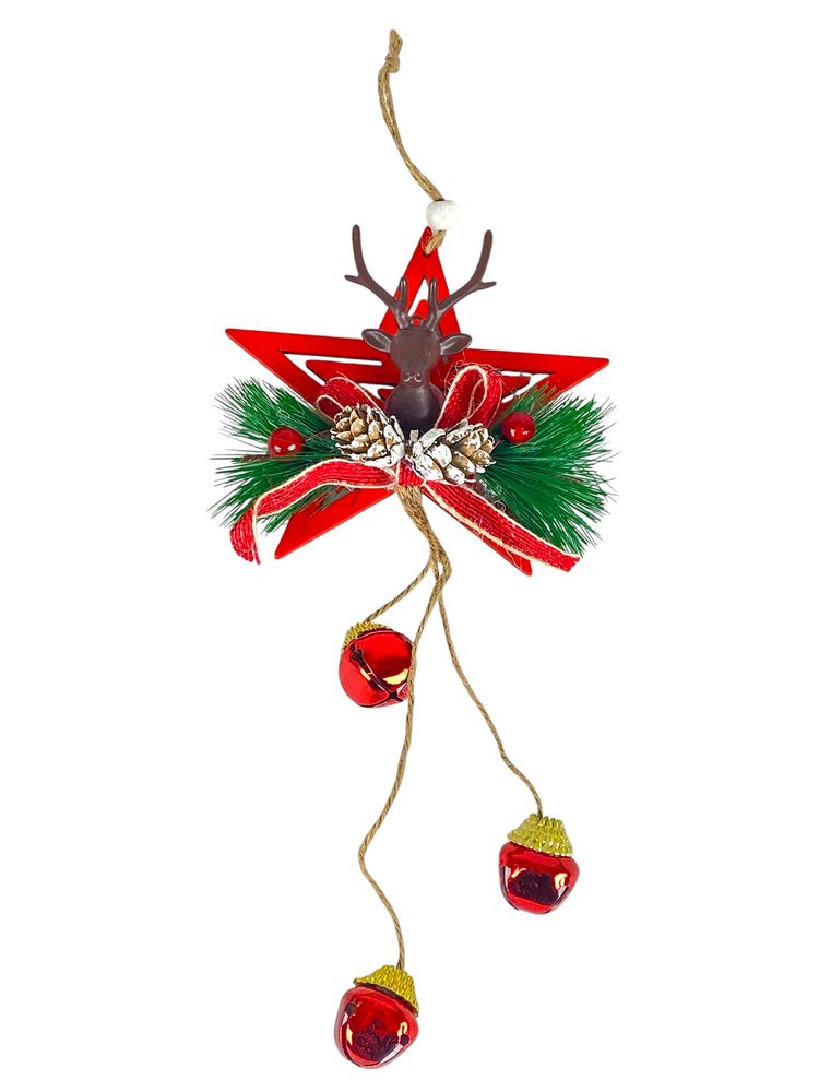 Деревянная подвеска звезда красная с оленем 12 х 12 см (L00409.5)