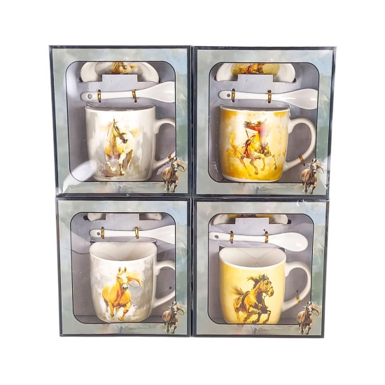 Чашка керамічна 350мл "Кінь" із блюдцем, ложкою, у подарунковій упаковці (НК-2345)