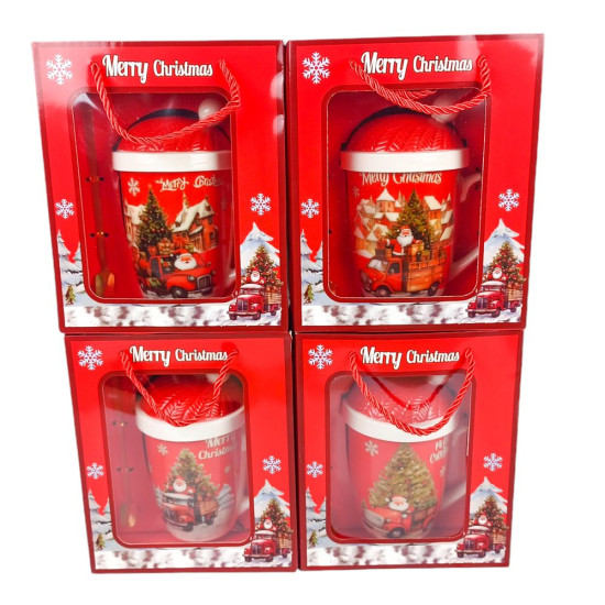 Чашка керамическая  350мл "Новогодняя" с крышкой, ложкой, в подарочном пакете, 4 вида (HM-320-B)