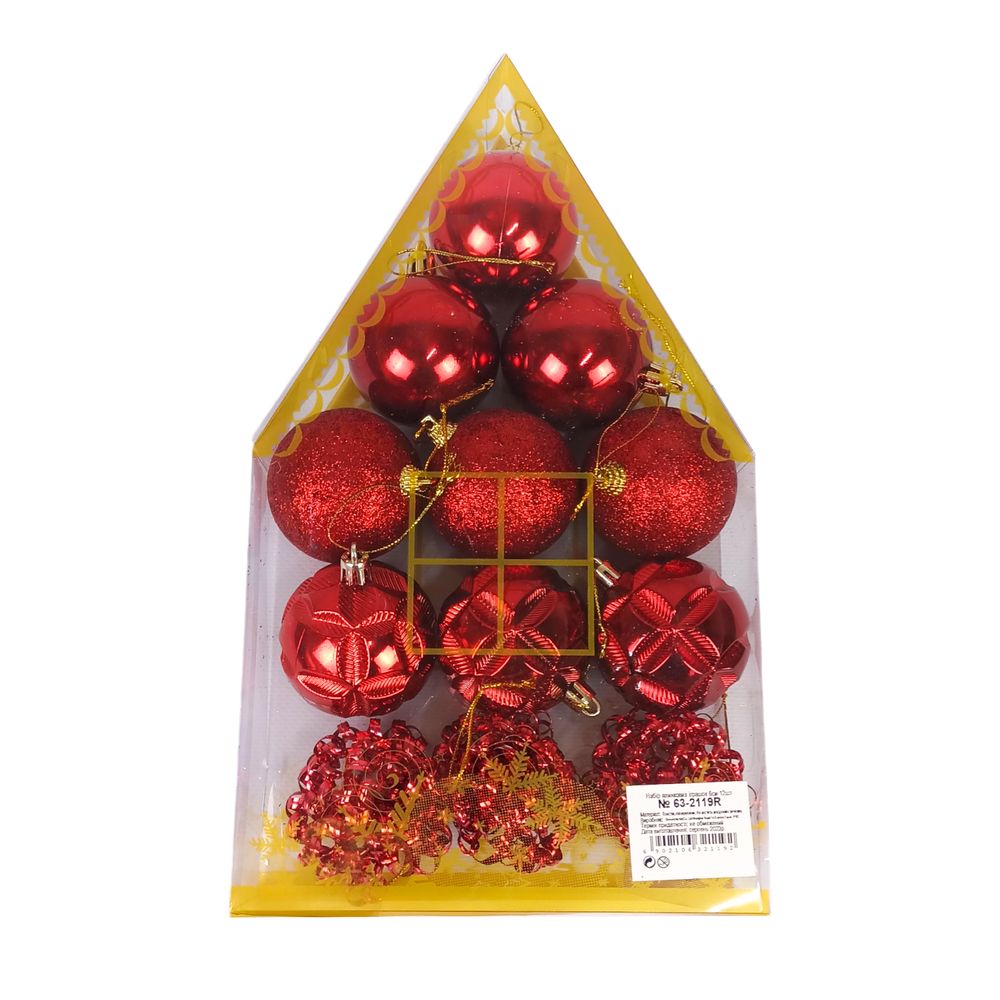 Набор игрушек на елку "Шары 12шт, диаметр 6см-красные" 4виды, пластик (63-2119-R)