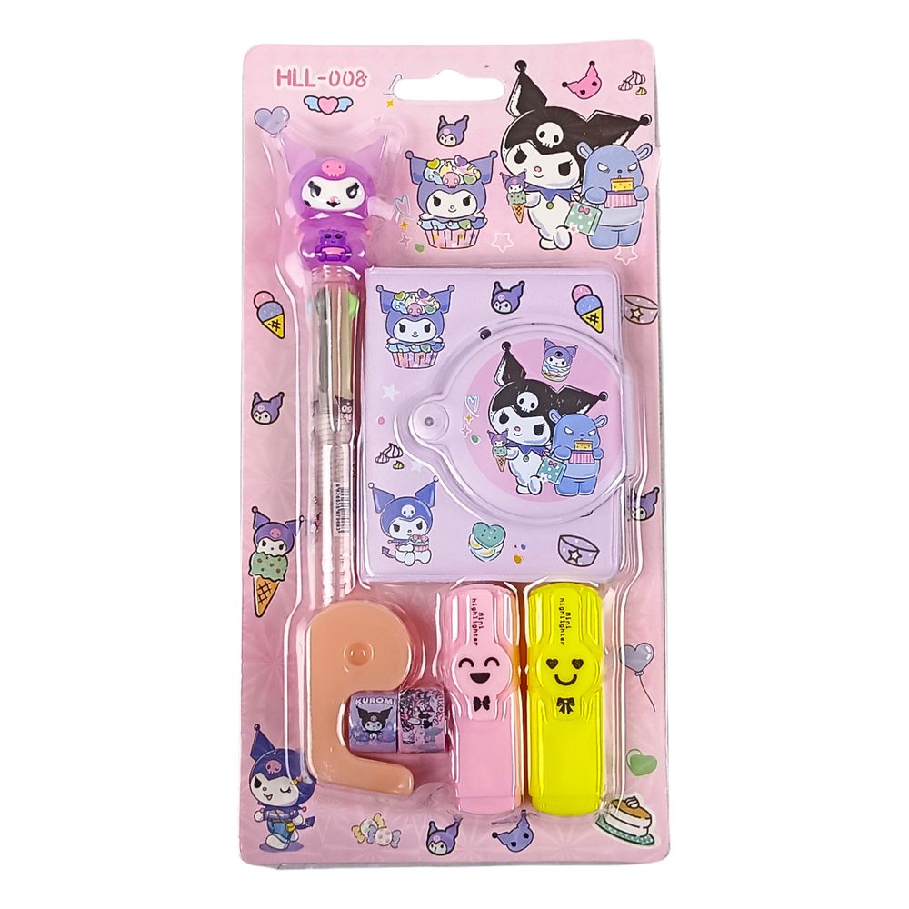 Набор блокнот 8 х 7см 65 листов, ручка, маркер 2шт, скотч 2шт, диспенсер "Зайка Kuromi" 2 в иди (008-KU)