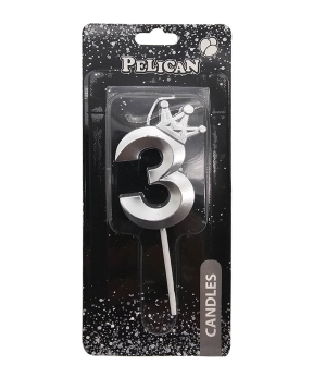 Свеча-цифра 3D с короной "3", серебро 6см (863113)