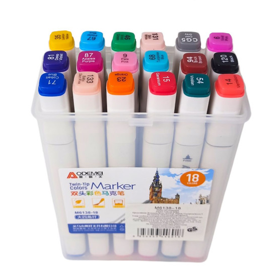 Набор двухсторонних  скетчмаркеров Aodemei, квадратный корпус, 18шт Разноцветный Aodemei (6138-18M)