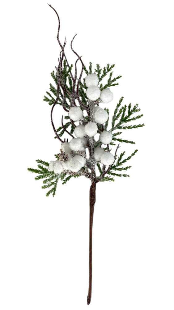 Новогодняя ветка 35см, зеленая с белыми ягодками (с30597)